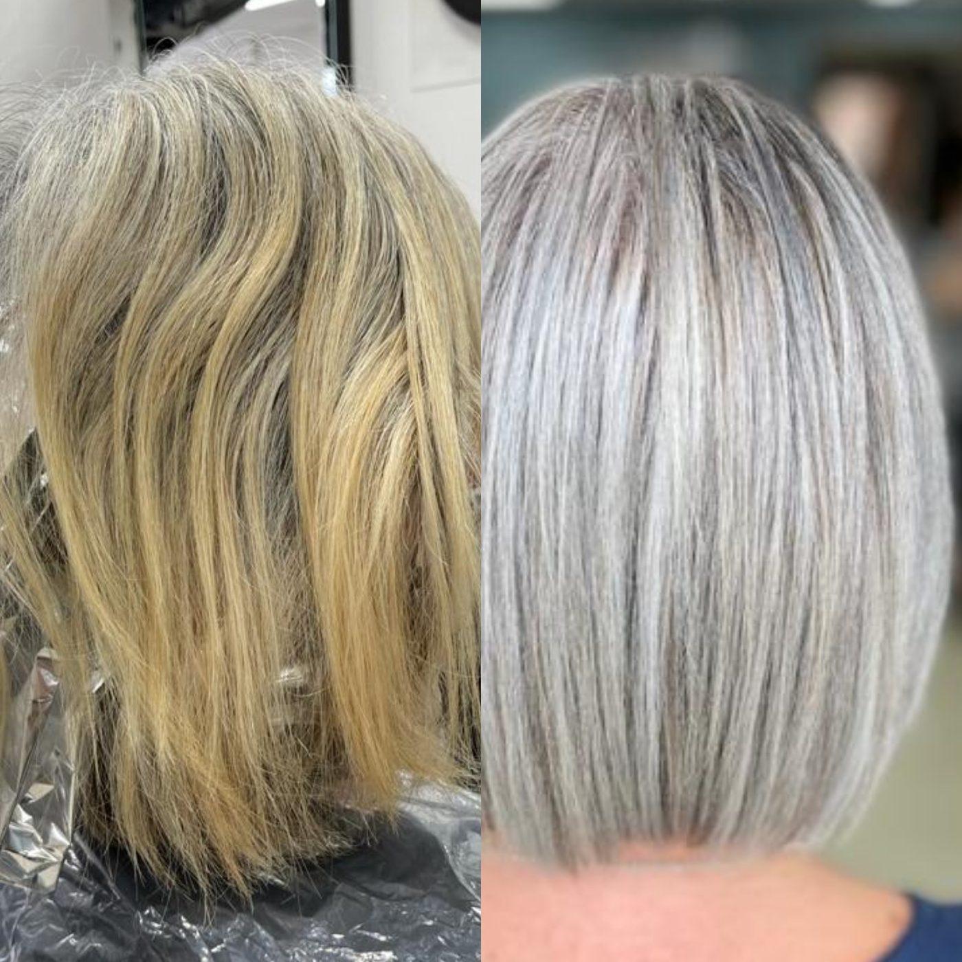 Before and after: brassy blonde to cool silver — Hair Gallery Crowborough