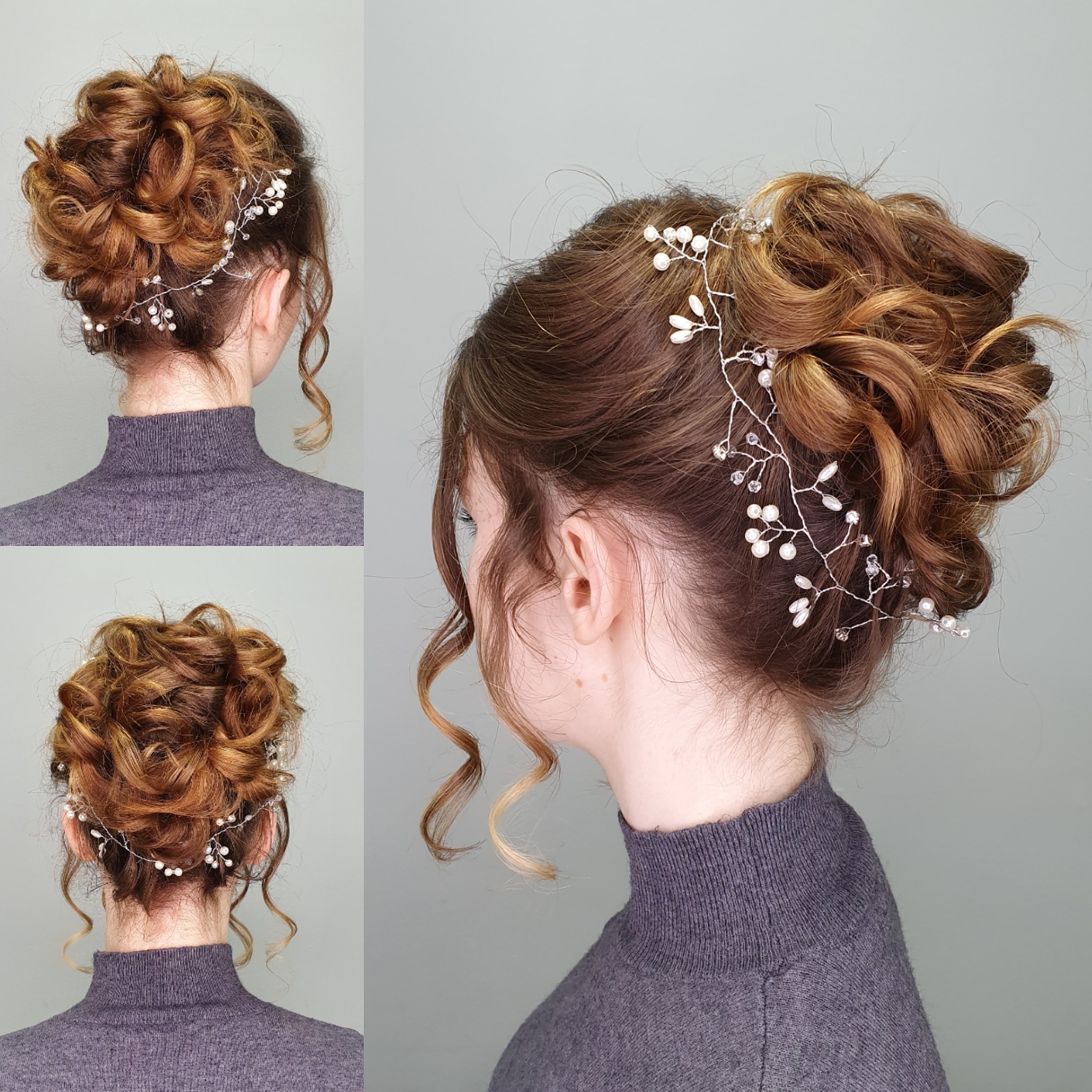 Tousled curly updo with long pearl vine, Hair Gallery Crowborough
