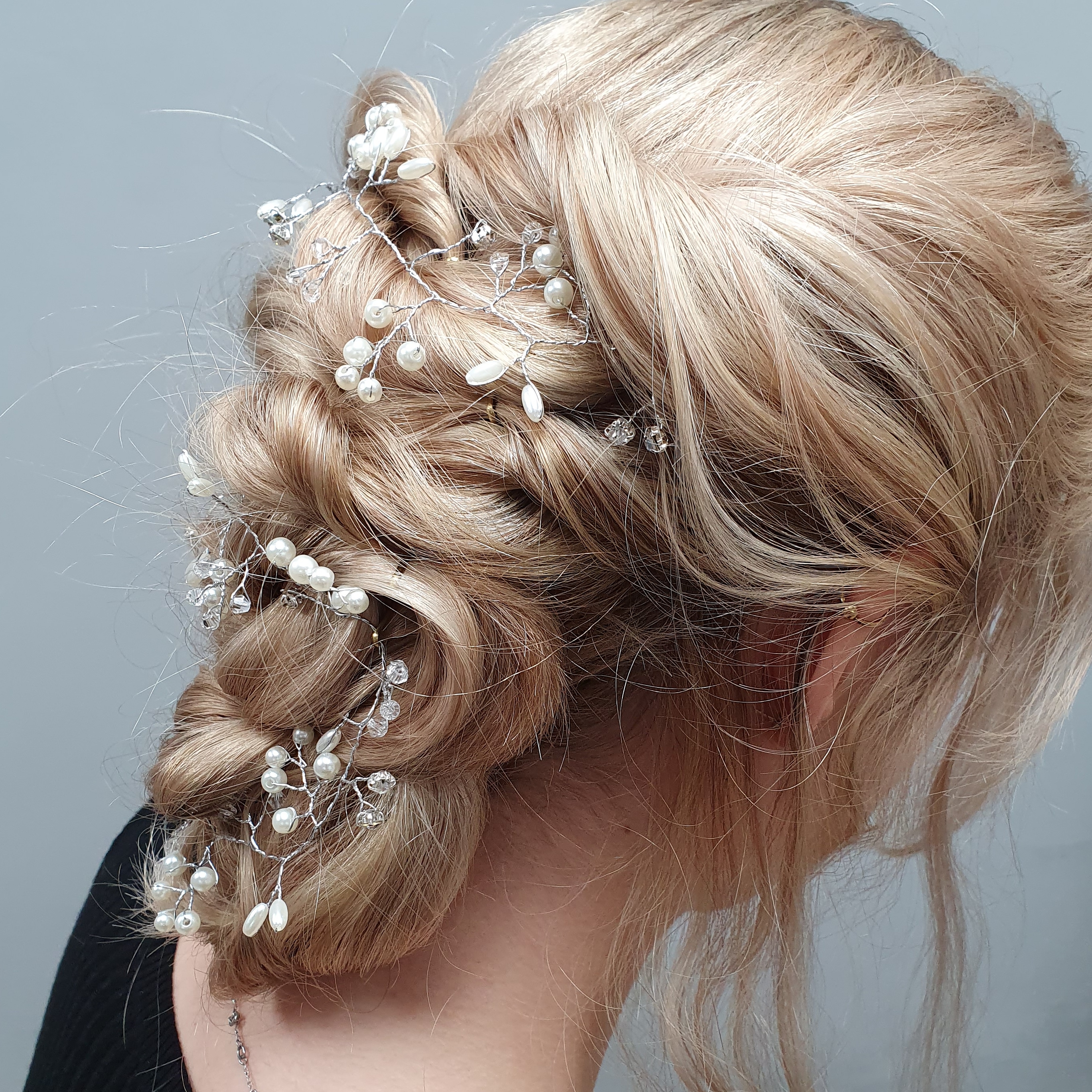 Twisted woven chignon with pearl vine, Hair Gallery Crowborough