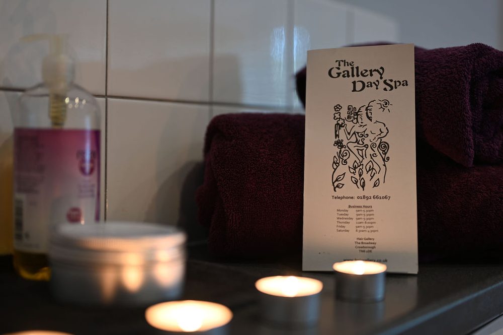 The Gallery Day Spa treatment room with candles, Crowborough